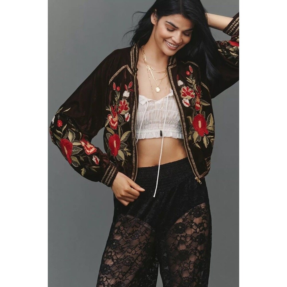 Anthropologie Velvet Embroidered Bomber Jacket XS NEW